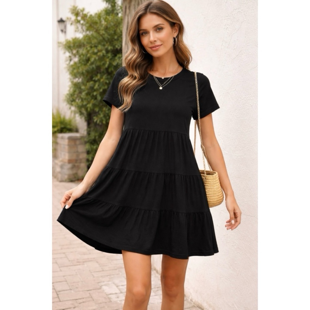 Little Bipsy Black Babydoll Dress XL Bamboo Jersey Tiered Mini Pockets Short